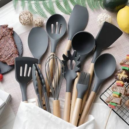 12 Pcs Kitchen Utensils Set | BPA Silicon & Wooden Kitchen Spoon Set |  Heat Resistant Kitchen Non toxic Spatula Set with Turner Tongs,Spoon,Brush,Whisk-Wooden Handle - Random Color
