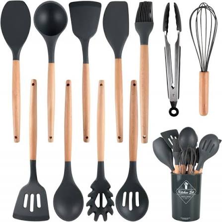 12 Pcs Kitchen Utensils Set | BPA Silicon & Wooden Kitchen Spoon Set |  Heat Resistant Kitchen Non toxic Spatula Set with Turner Tongs,Spoon,Brush,Whisk-Wooden Handle - Random Color